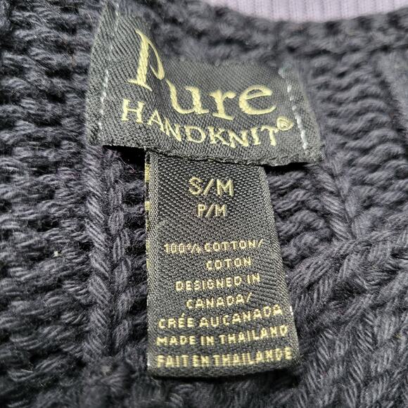 Pure Handknit 100% Black Cotton Wide Ribbed Knit Wood Buttons Cardigan Size S/M - Picture 8 of 9